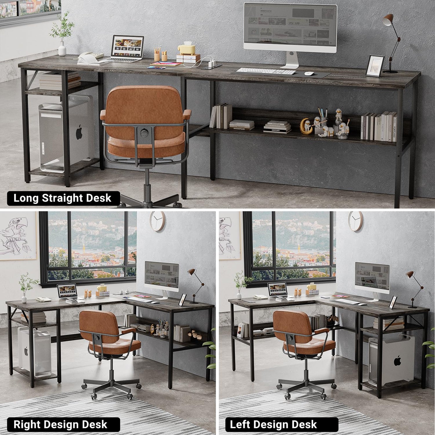 Unikito Reversible L Shaped Desk with Magic Power Outlets and USB Charging Ports, Sturdy Corner Computer Desk with Storage Shelves, Gaming Desk for Unikito