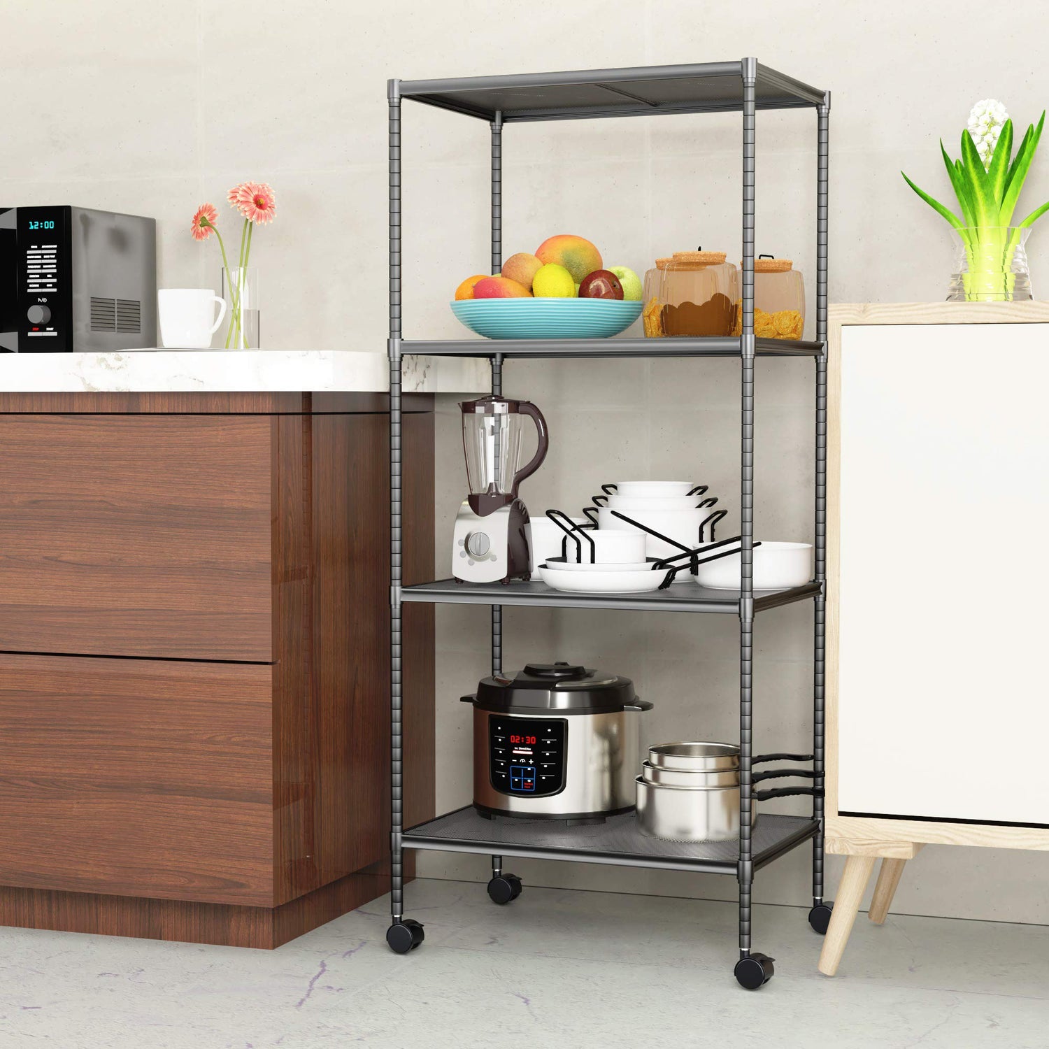 OVICAR 4-Tier Wire Storage Shelves, Adjustable Shelving Units with Wheels, Steel Metal Storage Rack for Kitchen Pantry Closet Laundry, Durable OVICAR