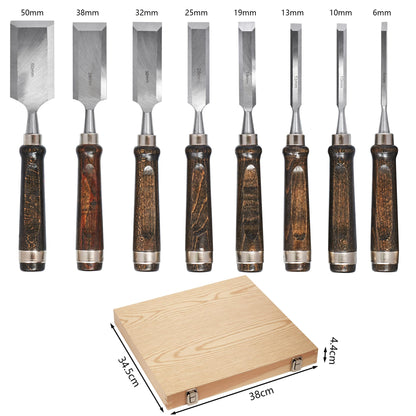 SELFIE CAT Chisel set, Chisel set for wood, 8-piece black walnut chisel set in wooden box carving set, sharp chisel set (6,10,13,19,25,32,38,50mm), - WoodArtSupply