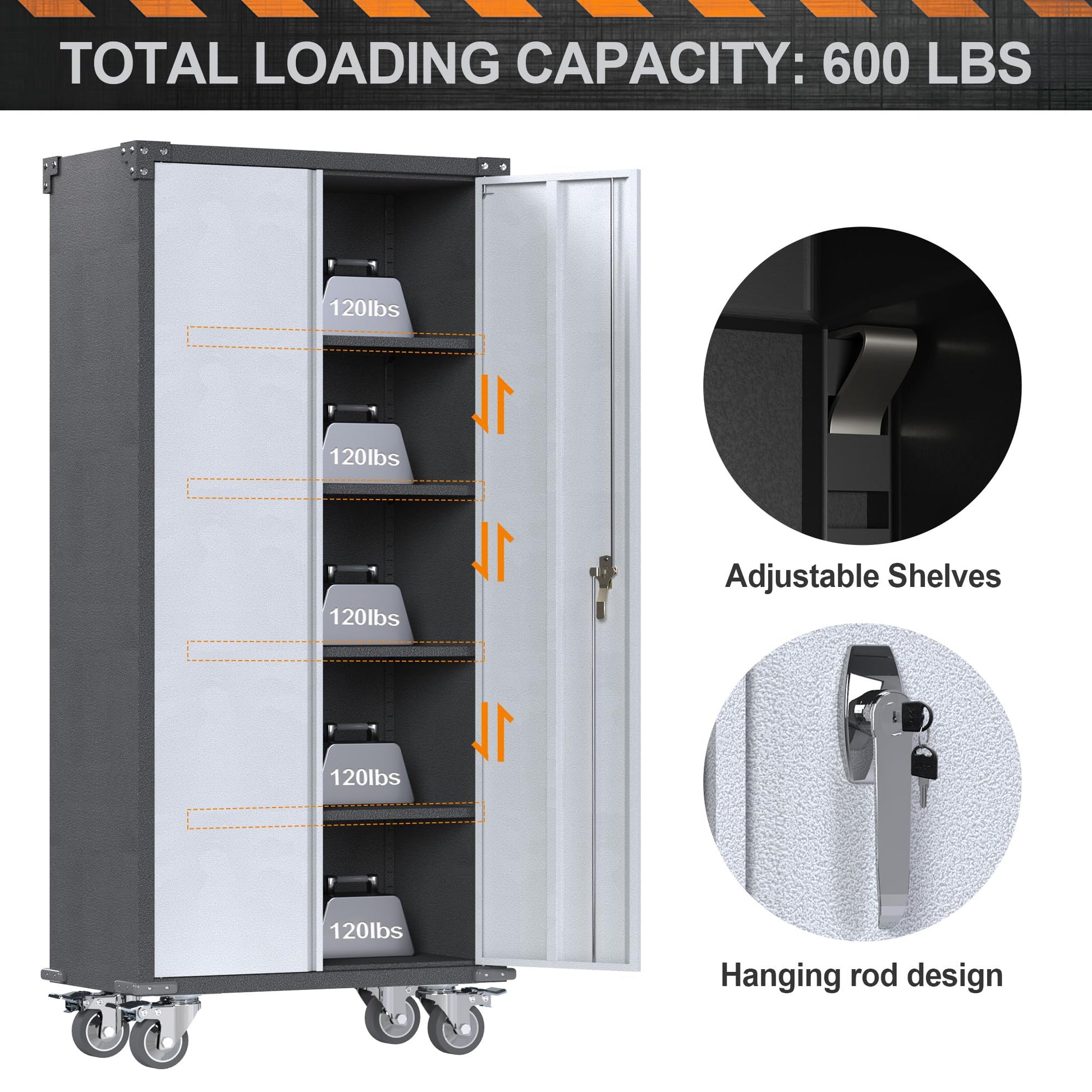 SUXXAN Metal Storage Cabinet with Wheels, Rolling Garage Storage Cabinets with 4 Adjustable Shelves, Broom Closet Storage Cabinet & Locking Cabinet - WoodArtSupply