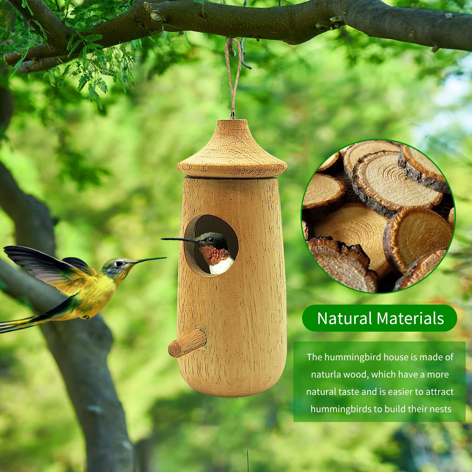 Hummingbird House for Outside Hanging,Wooden Humming Bird Houses for Outside for Nesting Hanging,Natural Hummingbird Swing Nest for Wren Swallow - WoodArtSupply