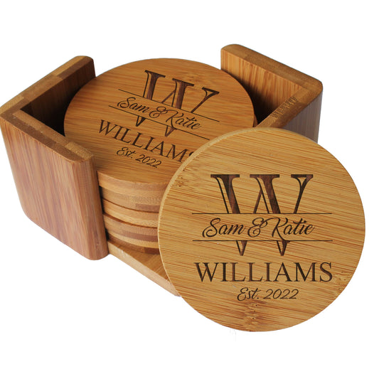 My Personal Memories, Custom Engraved Bamboo Wood Coasters - Personalized Coaster Set for Drinks, Weddings, Couples with Holder (Round Bamboo) - WoodArtSupply