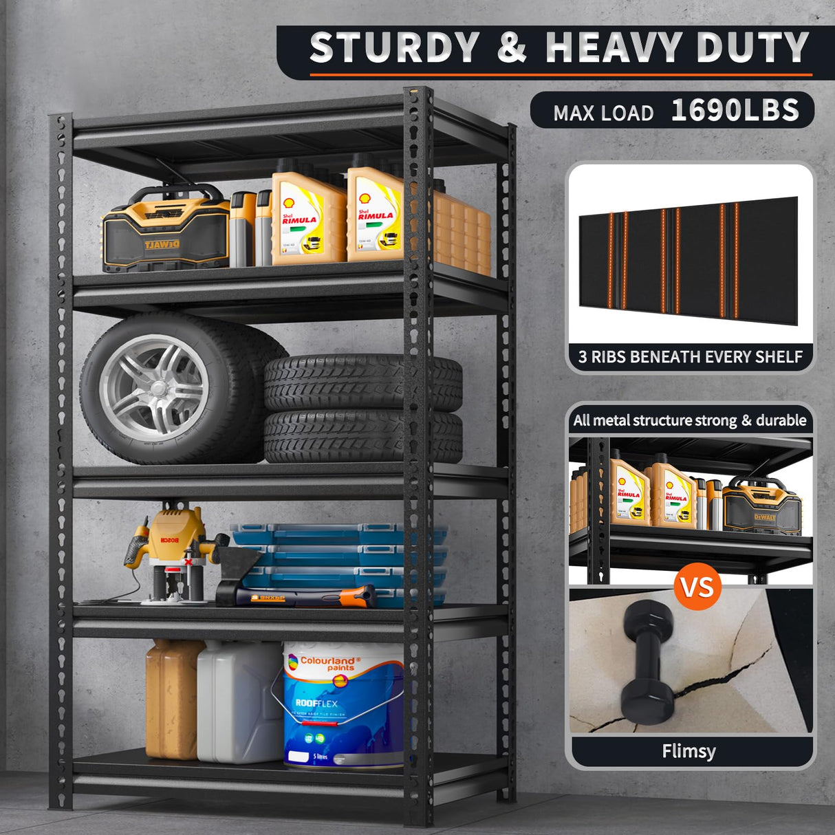 REIBII 72" Garage Shelving Heavy Duty, Garage Storage Shelves Heavy Duty Shelving, Adjustable 5-Tier Metal Shelves for Storage, Garage Shelves, REIBII