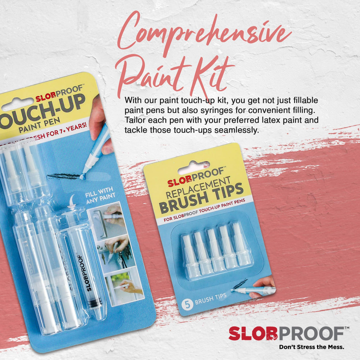 Slobproof Refillable Touch-Up Paint Pen 2 in 1 Pack and Replacement Brush Tips 5 in 1 Pack Bundle- Precision Small Paint Brushes for Touch-Ups on Slobproof