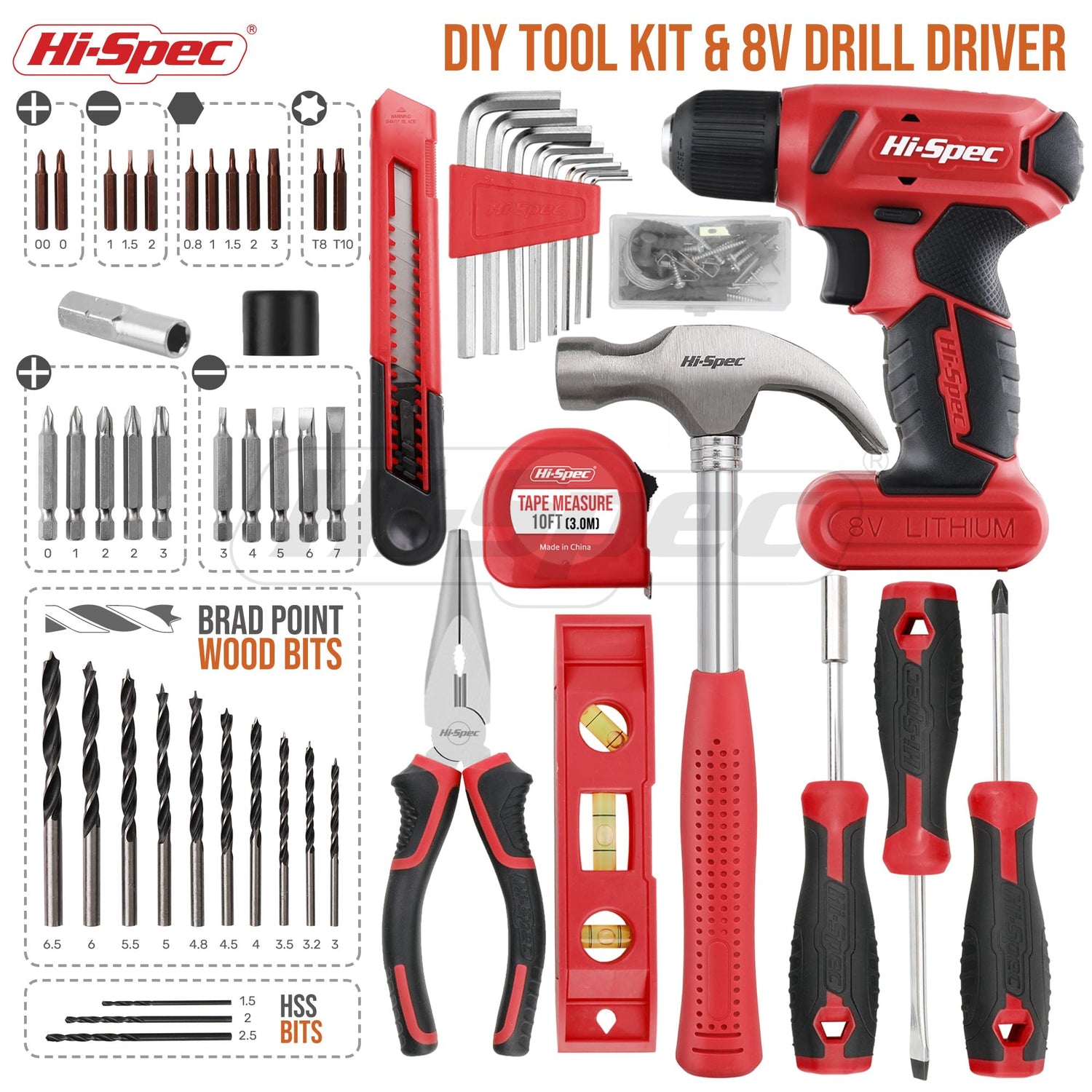 Hi-Spec 58pc Red 8V Electric Drill Driver & Household Tool Kit Set. A DIY Cordless Power Screwdriver Hi-Spec