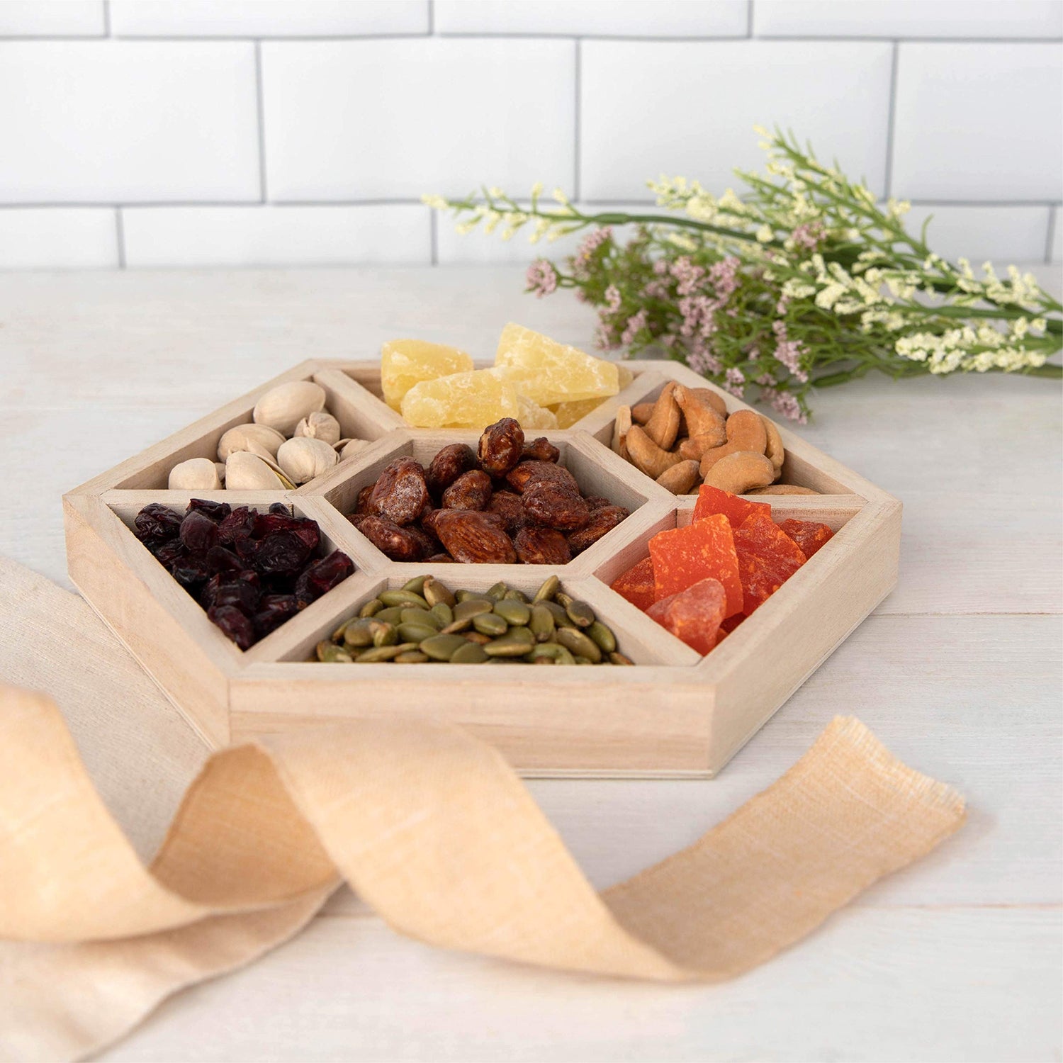 Hammont Hexagon Sectional Wooden Trays - 3 Pack - 8.5”x8.5”x1” - Eco Friendly Decorative Wooden Tray for Dry Fruits & Candies | Organic Wooden Tray Hammont