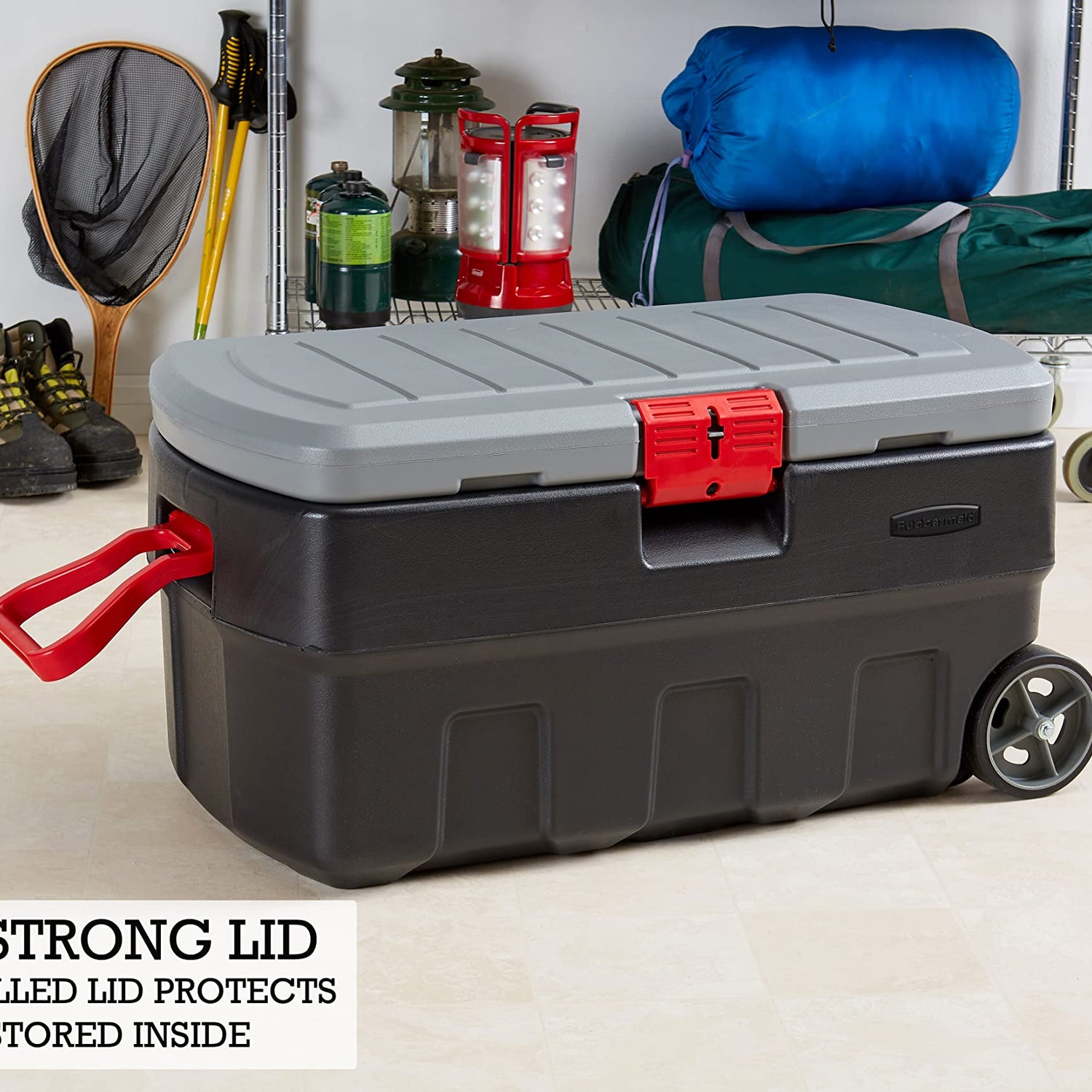 Rubbermaid ActionPacker 35 Gal Wheeled Lockable Storage Bin with Lid, Heavy-Duty Water Repellent Industrial Container with Built-In Durable Wheels, Rubbermaid