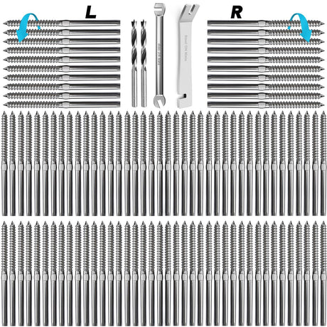 Steel DN Mate 100 Packs T316 Stainless Steel Right&Left Handed Thread Swage Lag Screws for Wood Post of 1/8" Steel Cable Railing Kit, Cable Railing Steel DN Mate