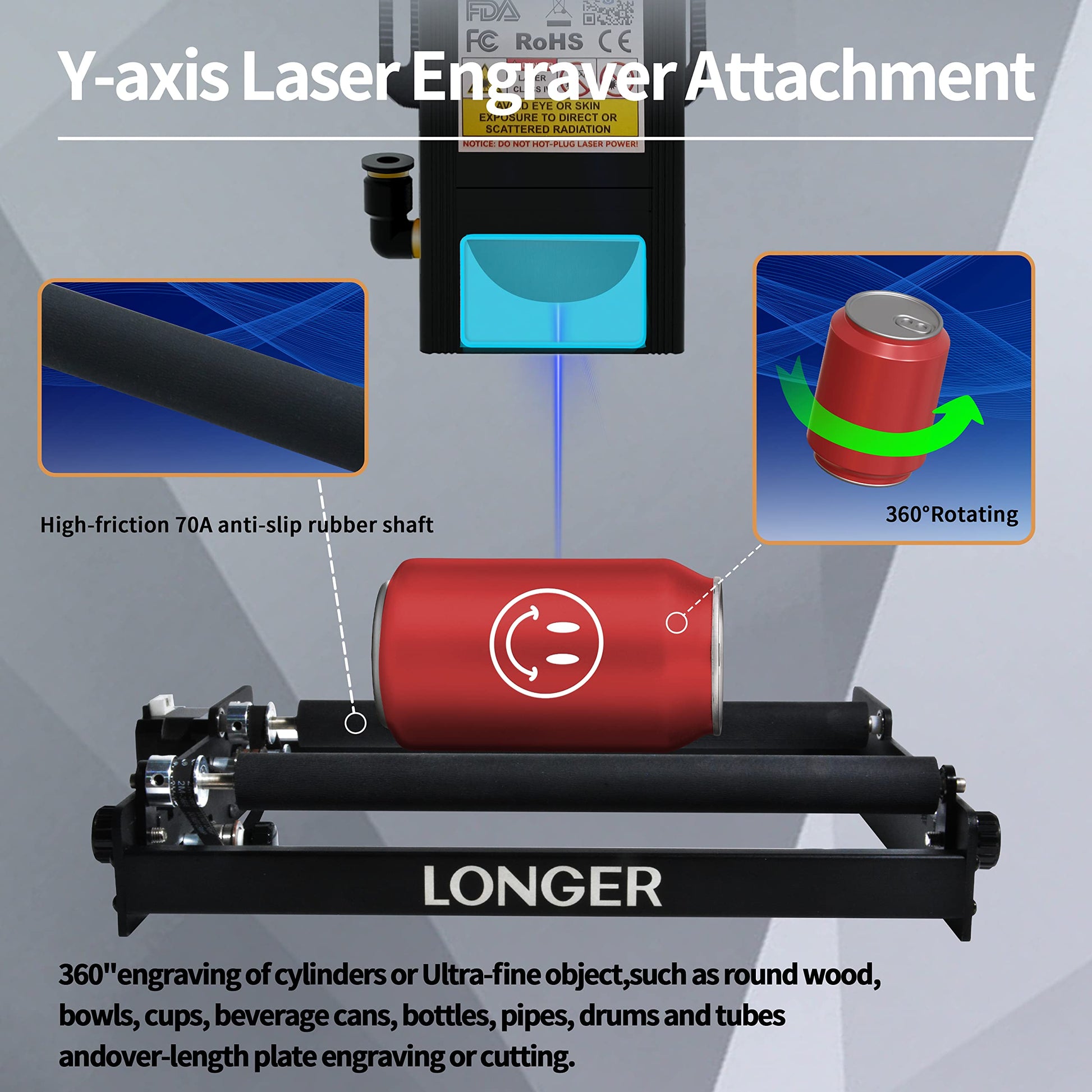 Longer Laser Engraver Rotary Roller, a Good Partner for Laser Engraving Machine， Y-axis Laser Engraver Attachment 360° Rotation, 6-100mm Engraving - WoodArtSupply