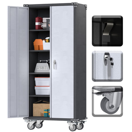 JAORD Metal Storage Cabinets with Wheel, Garage 4 Adjustable Shelf,Rolling Utility Lock & Wheels for Office Home, File Cabinet-grey and Black, Large JAORD