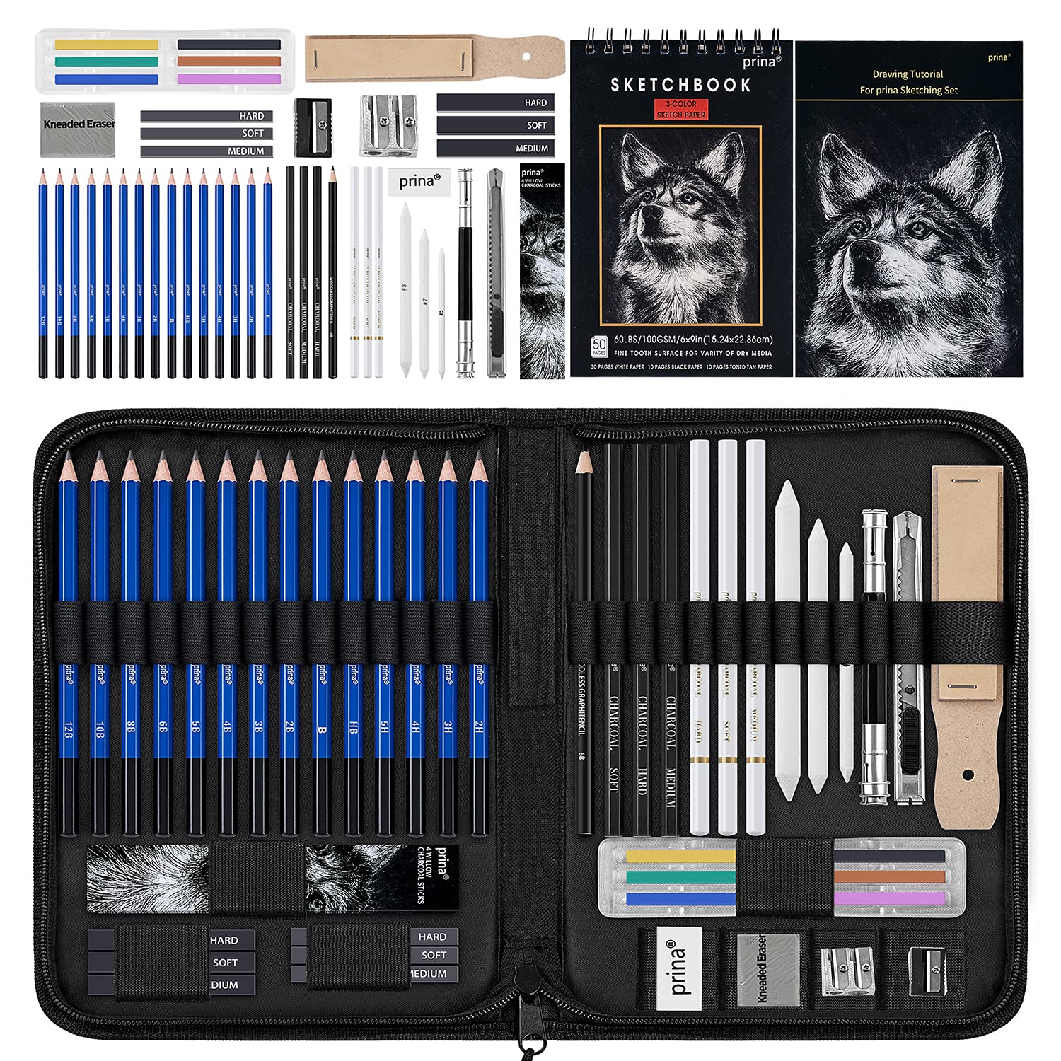 Prina 50 Pack Drawing Set Sketch Kit, Pro Art Sketching Supplies with 3-Color Sketchbook, Graphite, and Charcoal Pencils for Artists Adults Teens - WoodArtSupply