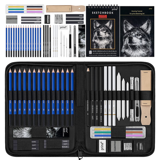 Prina 50 Pack Drawing Set Sketch Kit, Pro Art Sketching Supplies with 3-Color Sketchbook, Graphite, and Charcoal Pencils for Artists Adults Teens