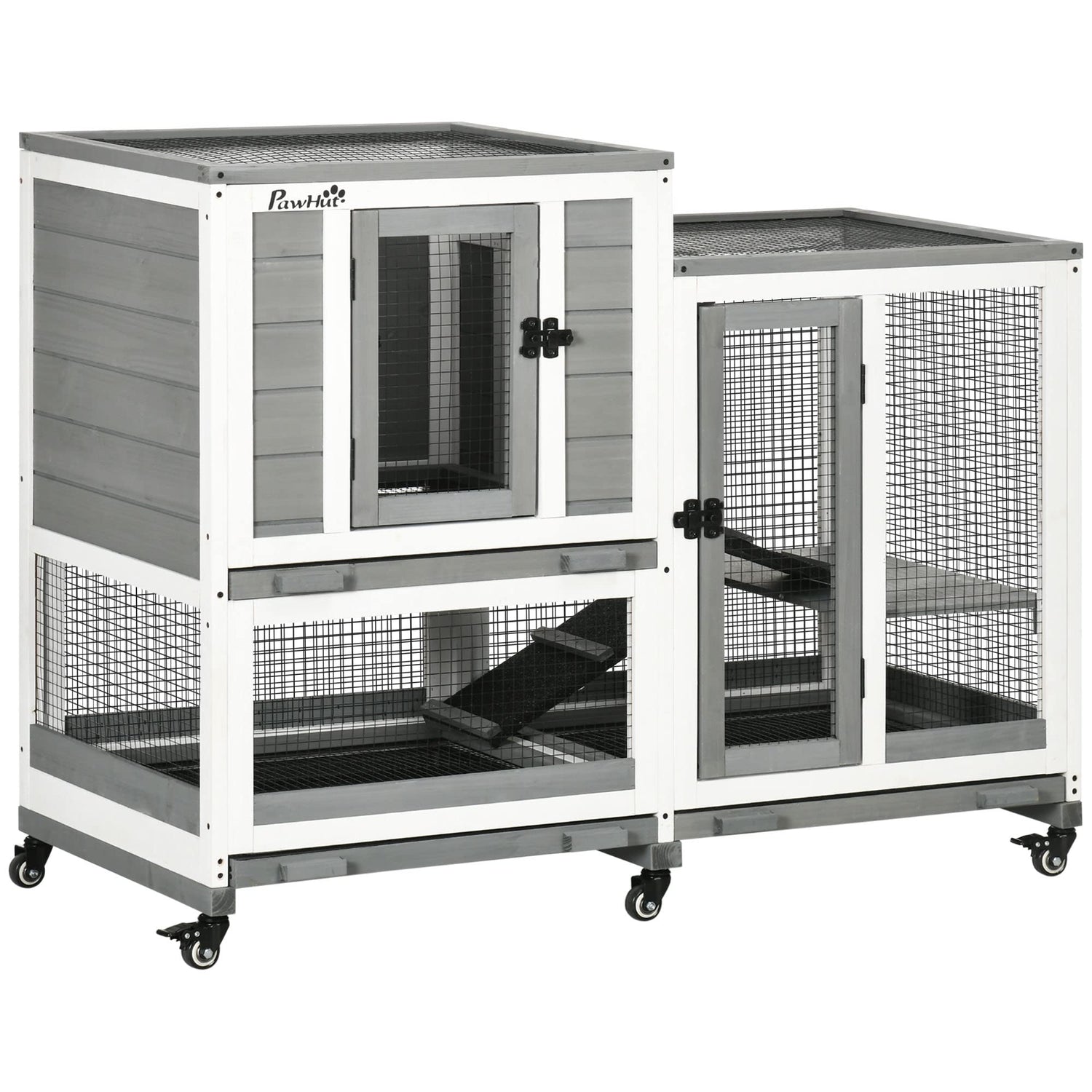 PawHut Indoor Rabbit Hutch, Three Story Wooden Rabbit Cage Bunny Hutch with Runs, Wheels, Waterproof Roof and Removable Trays, Gray PawHut