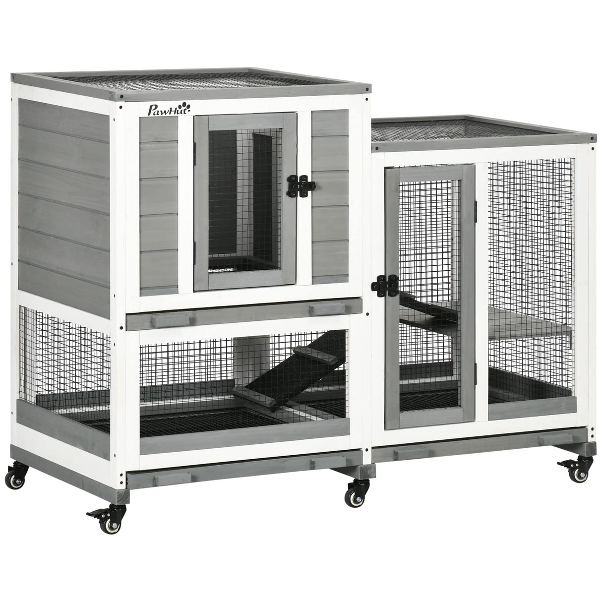 PawHut Indoor Rabbit Hutch, Three Story Wooden Rabbit Cage Bunny Hutch with Runs, Wheels, Waterproof Roof and Removable Trays, Gray PawHut