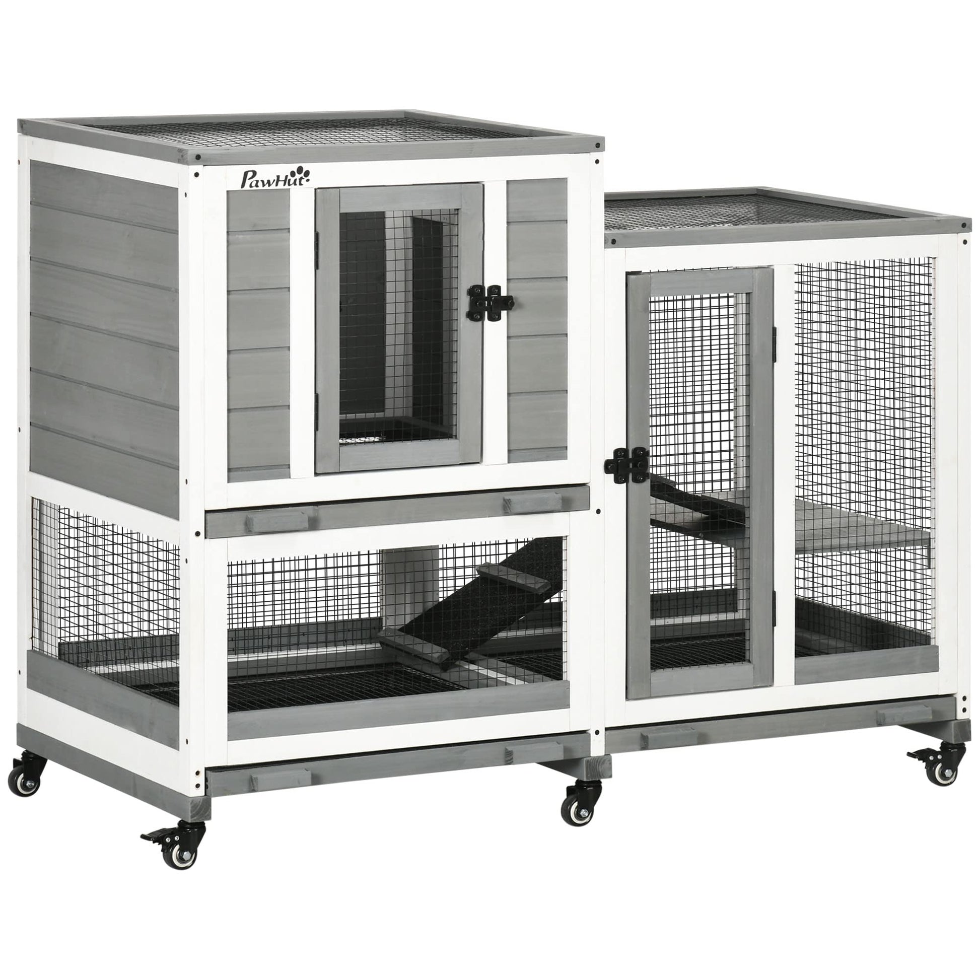 PawHut Indoor Rabbit Hutch, Three Story Wooden Rabbit Cage Bunny Hutch with Runs, Wheels, Waterproof Roof and Removable Trays, Gray - WoodArtSupply