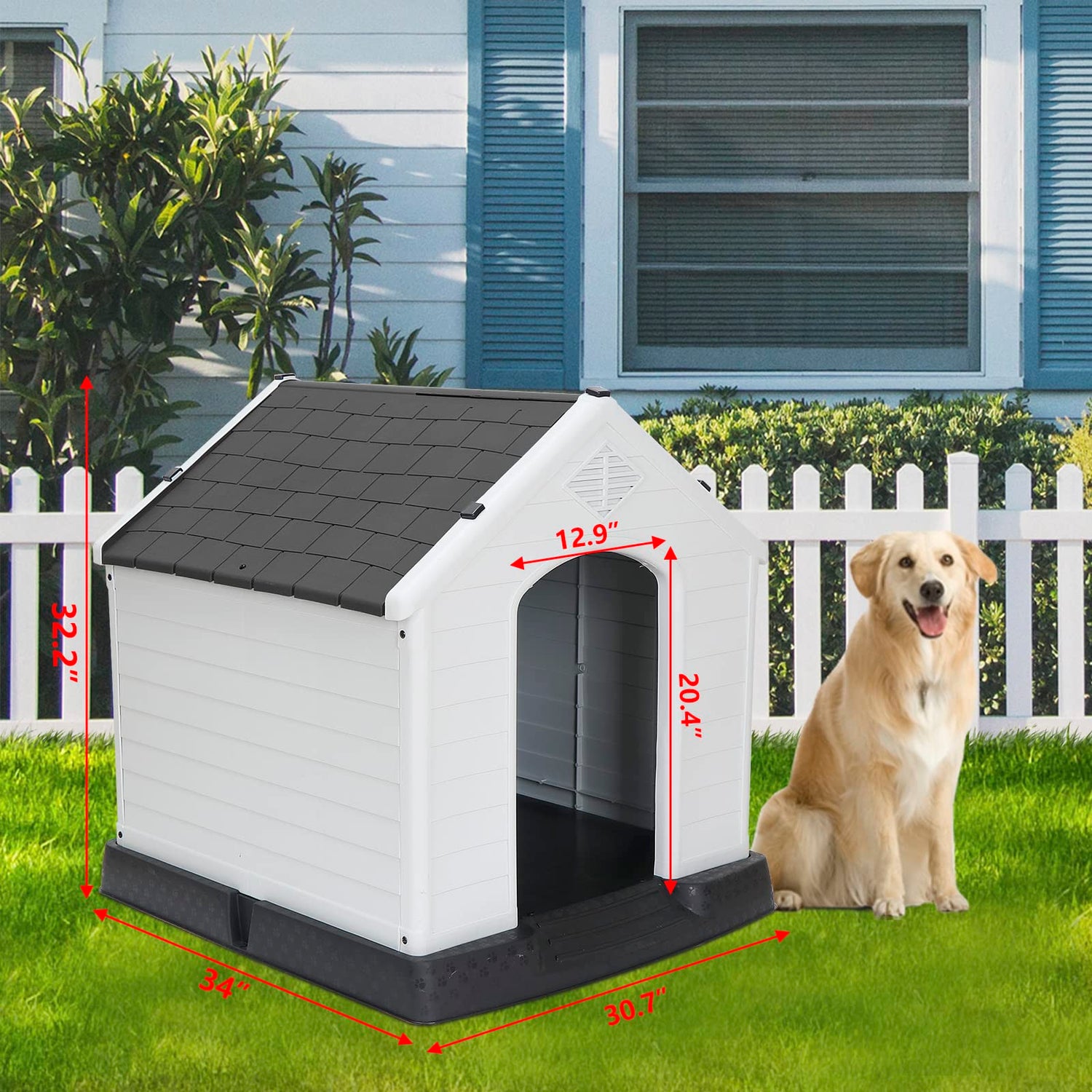Pet Republic Large Plastic Dog House Indoor Outdoor Doghouse Dog Kennel Easy to Assemble Puppy Shelter w/Air Vents Elevated Floor Waterproof Pet Republic