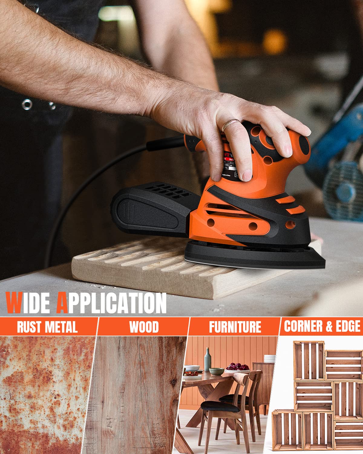 DWT Detail Sander, 1.5A 15000 OPM Electric Sander with 24pcs Sandpapers, Efficient Dust Collection System & Detail Finger Attachment, Soft Grip - WoodArtSupply