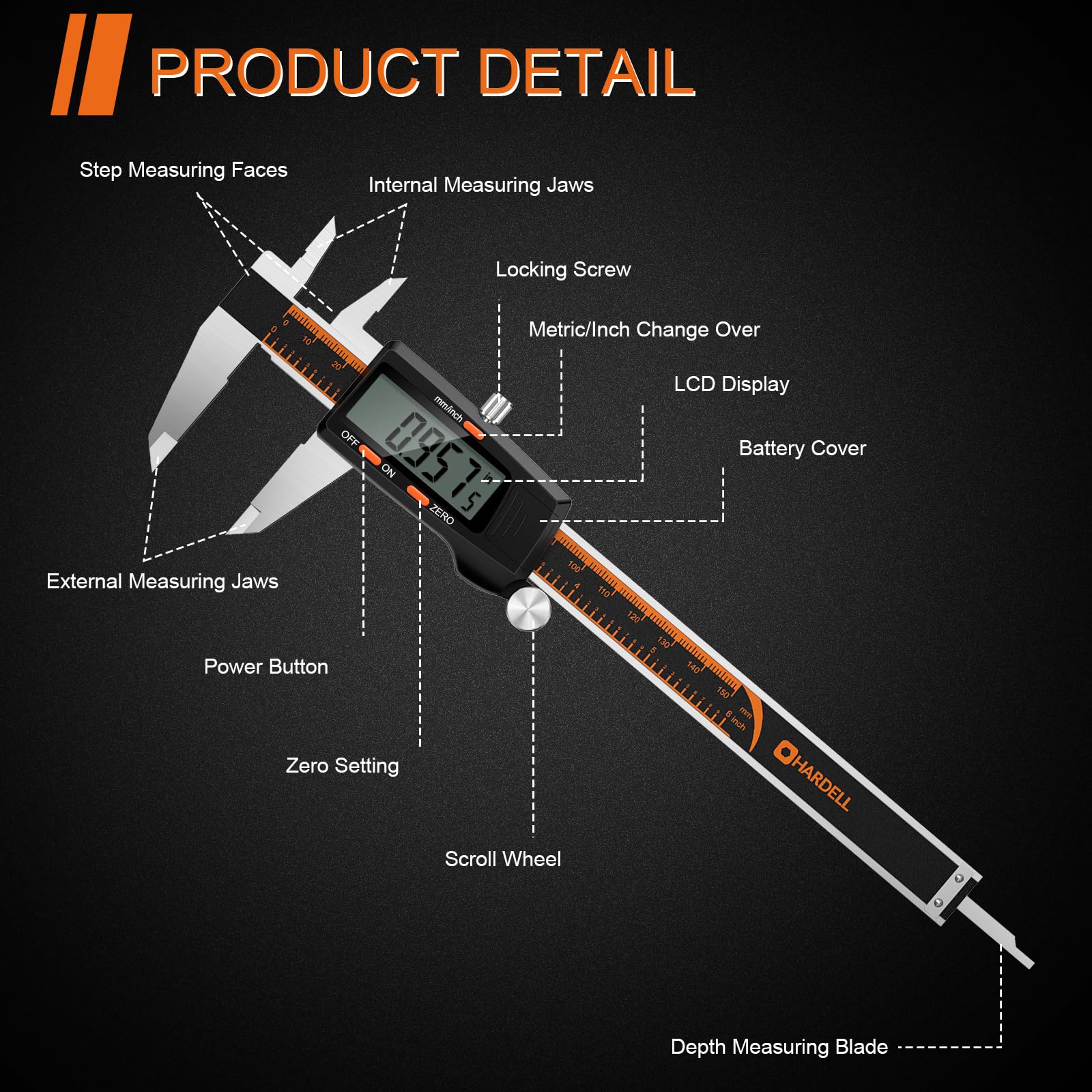 HARDELL Digital Caliper 6 Inch with Large LCD Screen，Calipers Measuring Tool with Auto-Off Feature, Inch/Millimeter Conversion, Electronic Vernier - WoodArtSupply