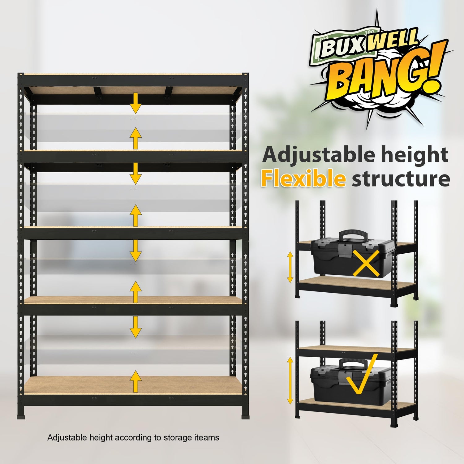 BuxWellBang 48" W x 24" D x 72" H Adjustable Garage Storage Shelves - 5-Shelf Heavy Duty Shelving Unit, Metal Utility Storage Organizer Racks for BuxWellBang