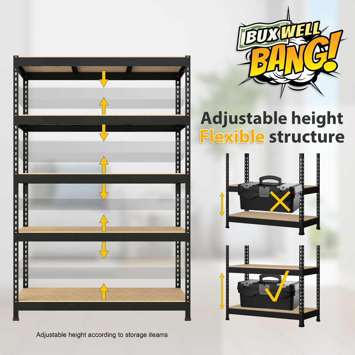 BuxWellBang 48" W x 24" D x 72" H Adjustable Garage Storage Shelves - 5-Shelf Heavy Duty Shelving Unit, Metal Utility Storage Organizer Racks for BuxWellBang