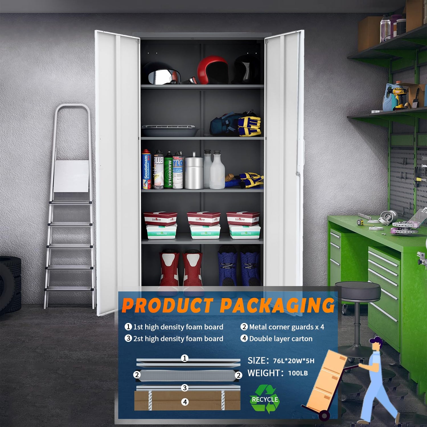 Yizosh Metal Storage Cabinet with Lock - 72" Garage Storage Cabinet with 2 Locking Doors and 4 Adjustable Shelves, Gray White Steel Lockable File Yizosh