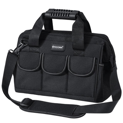 TICONN 12in Tool Bag with Waterproof Soft Bottom, Multi-Pockets Wide Mouth Tool Tote with Safety Reflective Straps, Adjustable Shoulder Strap