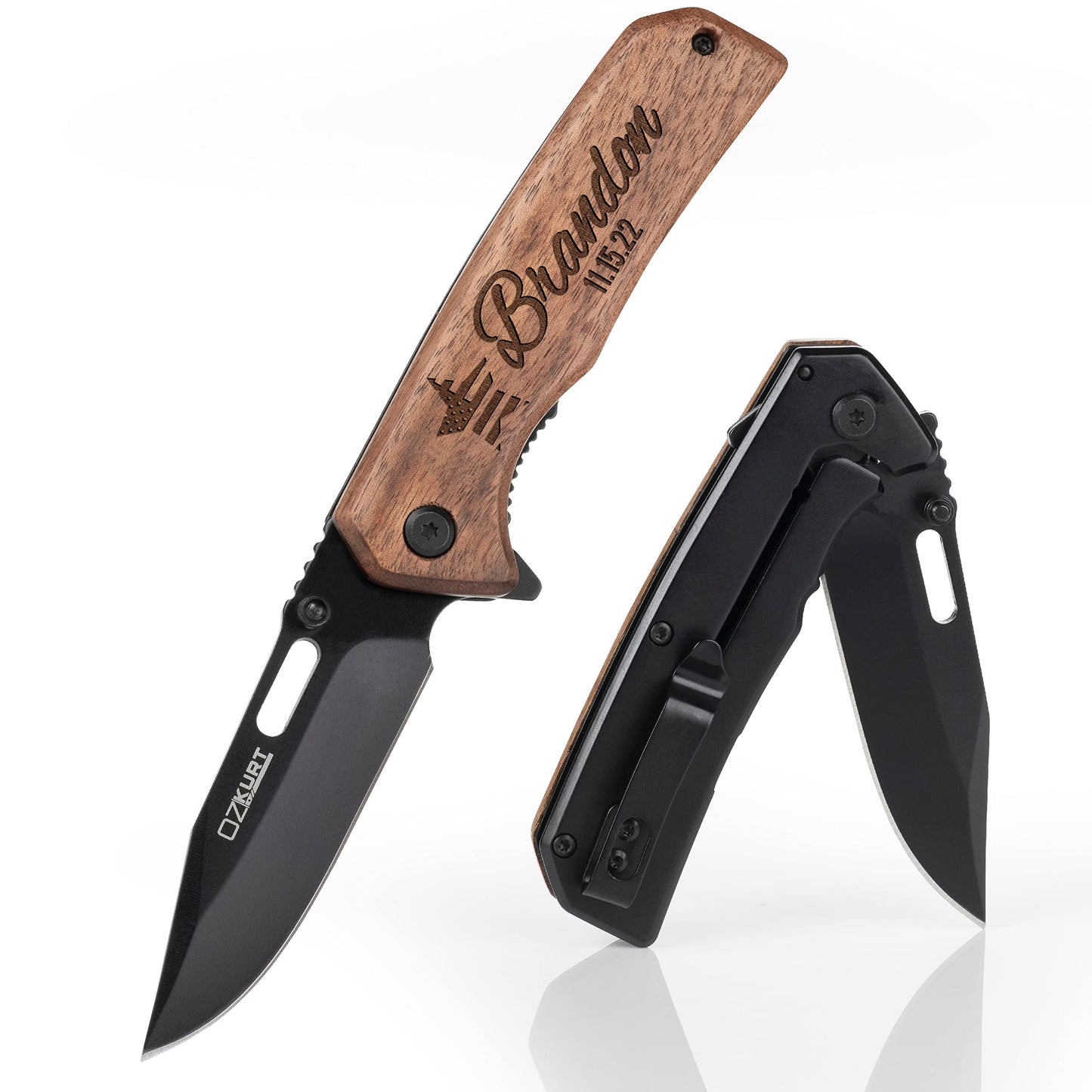 Gifts for Men, Personalized Engraved Walnut Wood Pocket Knife - 36 Icons, 13 Stylish Font - Custom Knives - WoodArtSupply