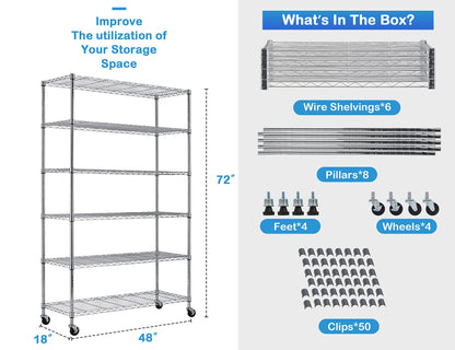 6-Tier Storage Racks, 2100Lbs Capacity Heavy Duty Metal Shelf with Wheels, NSF Certified Commercial Grade Adjustable Large Wire Shelving Unit for