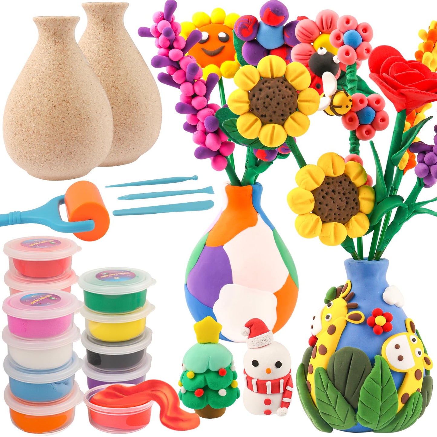Alritz Flower Crafts Kit for Kids, Creating 2 Flower Bouquet Modeling Clay Kit for Girls, Arts and Crafts Air Dry Clay, Christmas Decorations Indoors