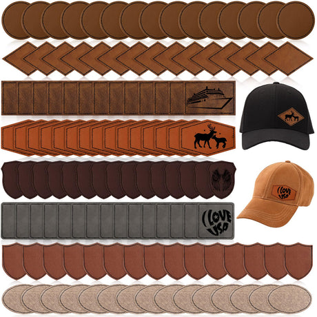 Giegxin 120 Pieces Rustic Leatherette Hat Patches with 8 Types of Shape Laser Engraving Blanks Patch Adhesive for Fabric Faux Leather Patch Repair Giegxin