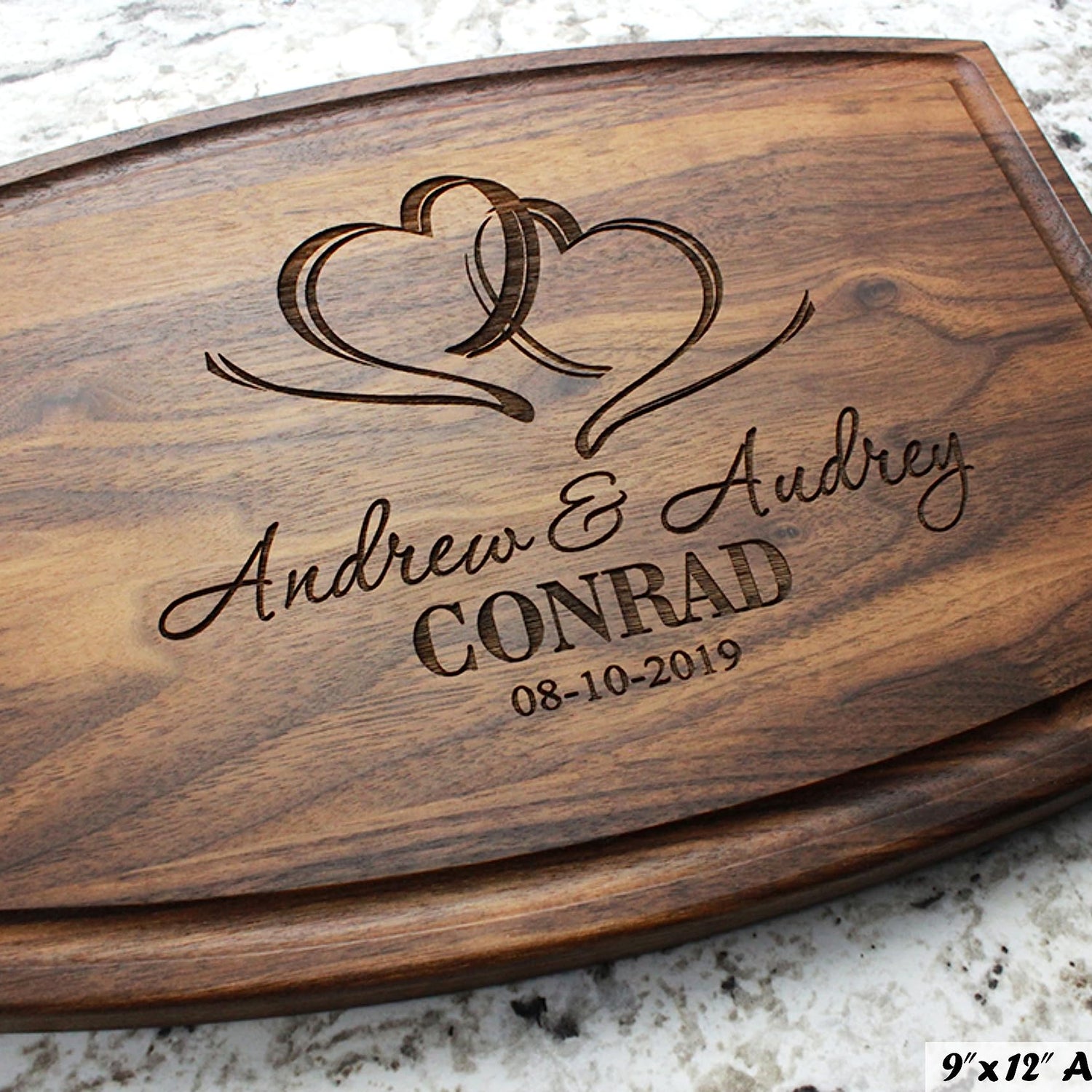Personalized Cutting Board, Custom Wedding, Anniversary or Housewarming Gift Idea, Wood Engraved Charcuterie, for Newlyweds and Couples, Two Hearts Wedding Gift Boutique