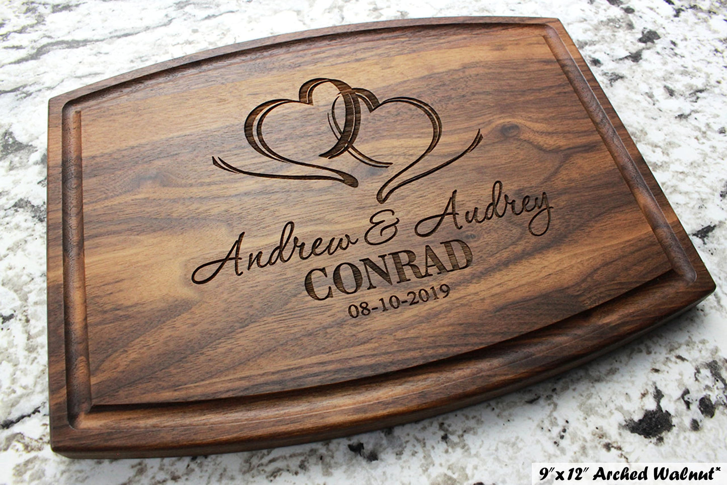 Personalized Cutting Board, Custom Wedding, Anniversary or Housewarming Gift Idea, Wood Engraved Charcuterie, for Newlyweds and Couples, Two Hearts - WoodArtSupply