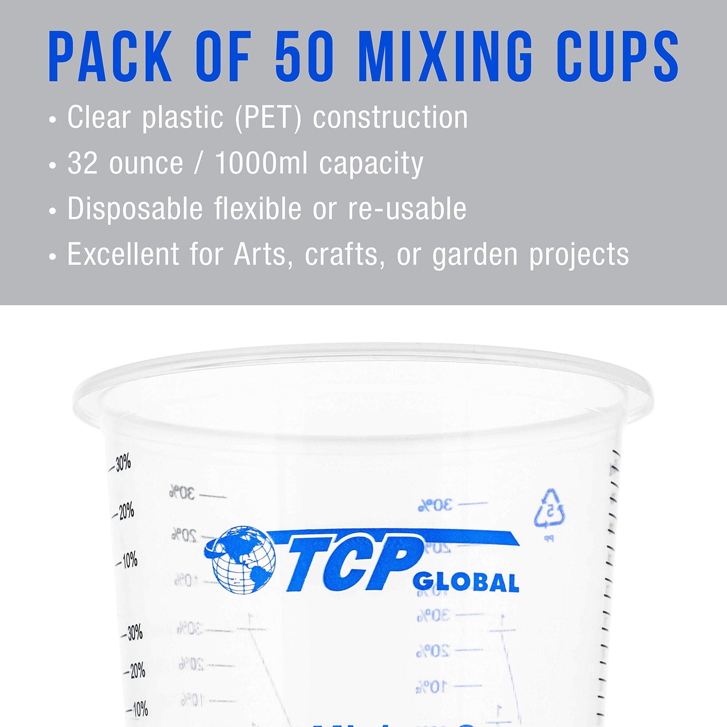 TCP Global 32 Ounce (1000ml) Disposable Flexible Clear Graduated Plastic Mixing Cups - Box of 50 Cups - Use for Paint, Resin, Epoxy, Art, Kitchen, - WoodArtSupply