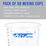 TCP Global 32 Ounce (1000ml) Disposable Flexible Clear Graduated Plastic Mixing Cups - Box of 50 Cups - Use for Paint, Resin, Epoxy, Art, Kitchen, TCP Global