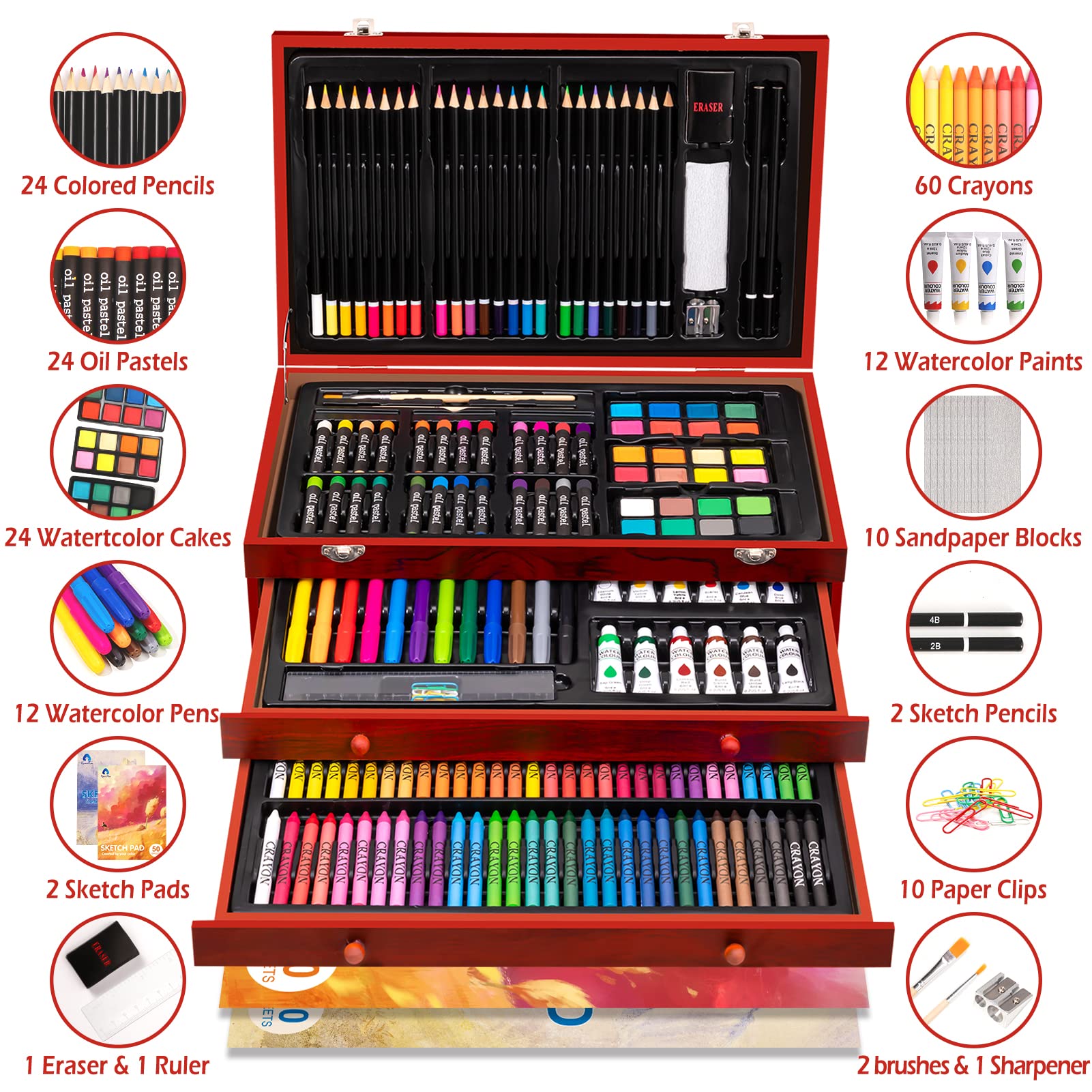 VigorFun Art Supplies, 170-Piece Deluxe Wooden Art Set Crafts Kit with Oil Pastels, Colored Pencils, Watercolor Paint, Acrylic Paint, Oil Paint, Creat