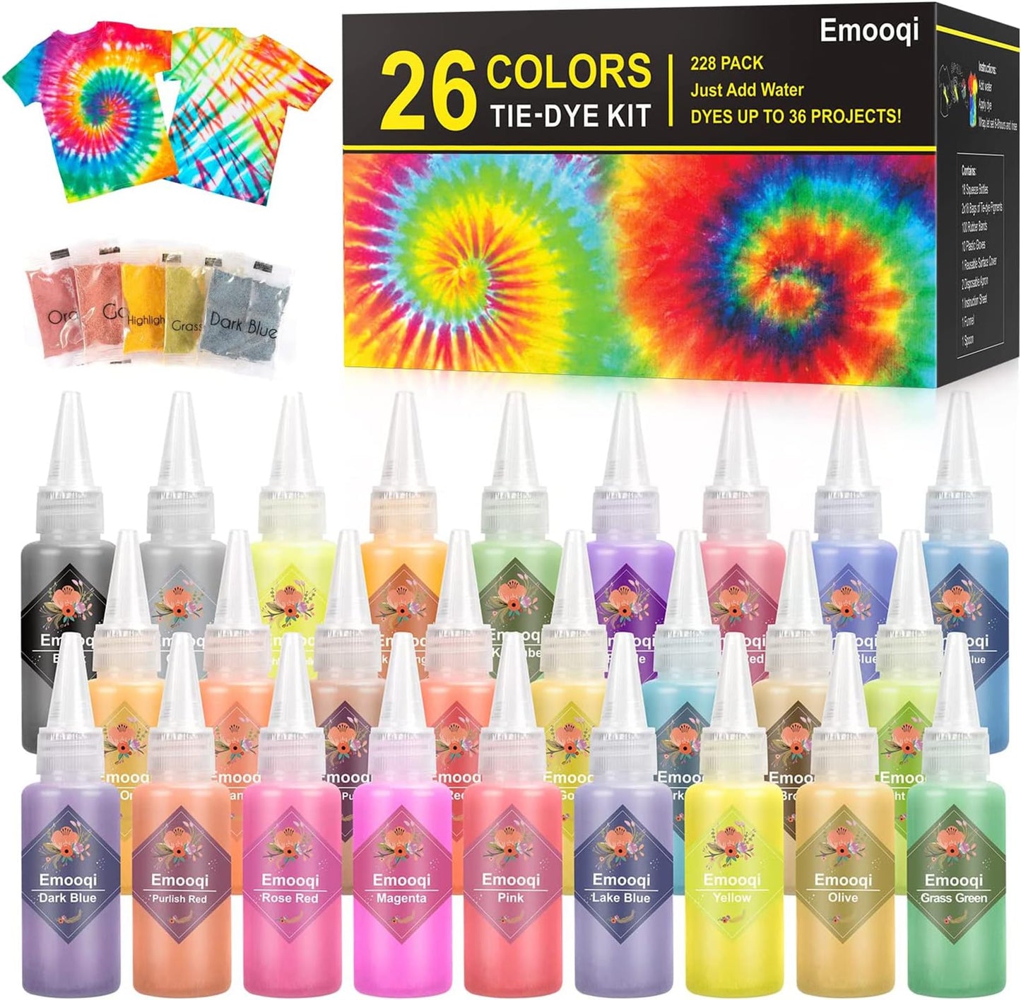 DIY Tie Dye Kit, Emooqi 26 Colors Fabric Dye Art Set with Rubber Bands, Gloves, Spoon, Funnel, Apron, and Table Covers-Great for Craft Arts Fabric - WoodArtSupply