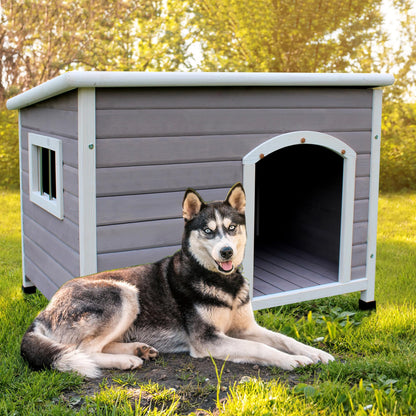 HiCaptain Small Outdoor Dog House, Waterproof Dog Home for Small Medium Dogs, Wooden Dog House with Elevated Floor and Removable Window - Grey S - WoodArtSupply