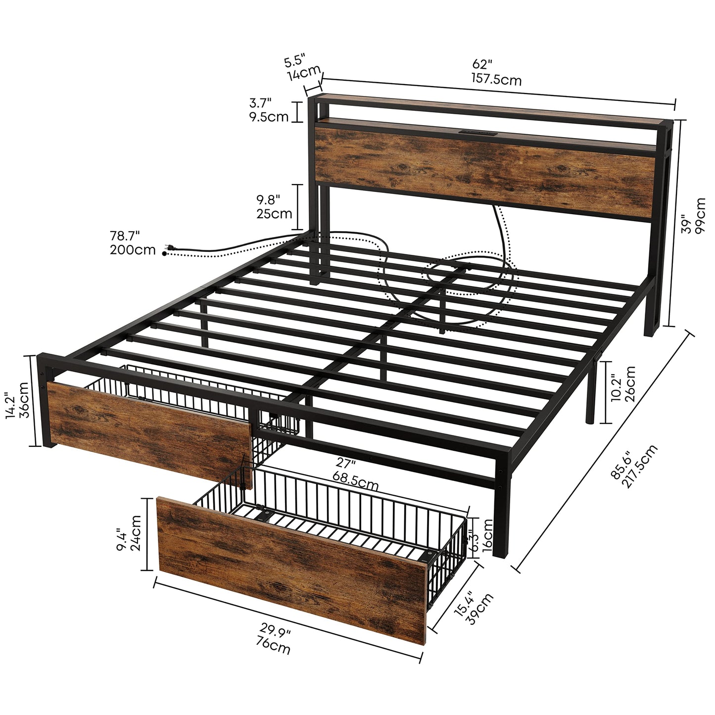 LIKIMIO Queen Bed Frame with Storage Headboard, Platform Bed with Drawers and Charging Station, No Box Spring Needed, Easy Assembly, Vintage Brown