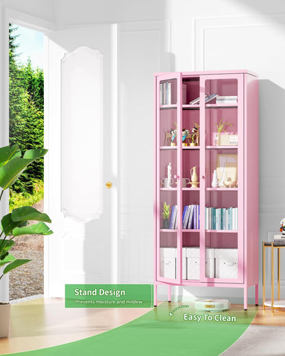 Greenvelly Tall Curio Bookcase with Tempered Glass Doors and Shelves for Home Bedroom and Living Room