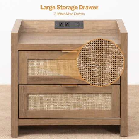 SICOTAS Night Stand Set of 2 - Rattan Nightstands with Type-C Charging Station & 2 Rattan Drawers - Boho Bed Side End Table for Small Space - Natural SICOTAS