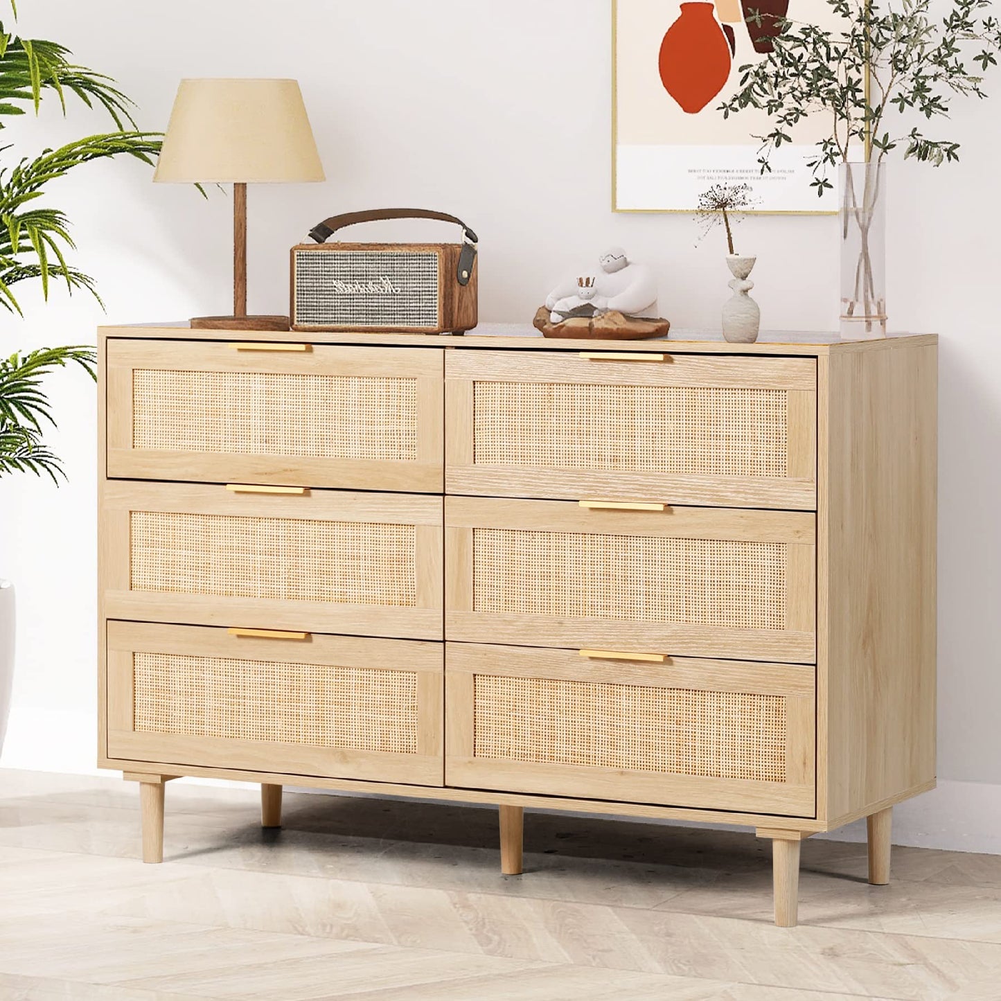 FUQARHY Rattan Dresser for Bedroom, Modern 6 Drawer Double Dresser with Gold Handles, Wood Storage Chest of Drawers for Bedroom,Living Room,Hallway