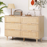 FUQARHY Rattan Dresser for Bedroom, Modern 6 Drawer Double Dresser with Gold Handles, Wood Storage Chest of Drawers for Bedroom,Living Room,Hallway FUQARHY