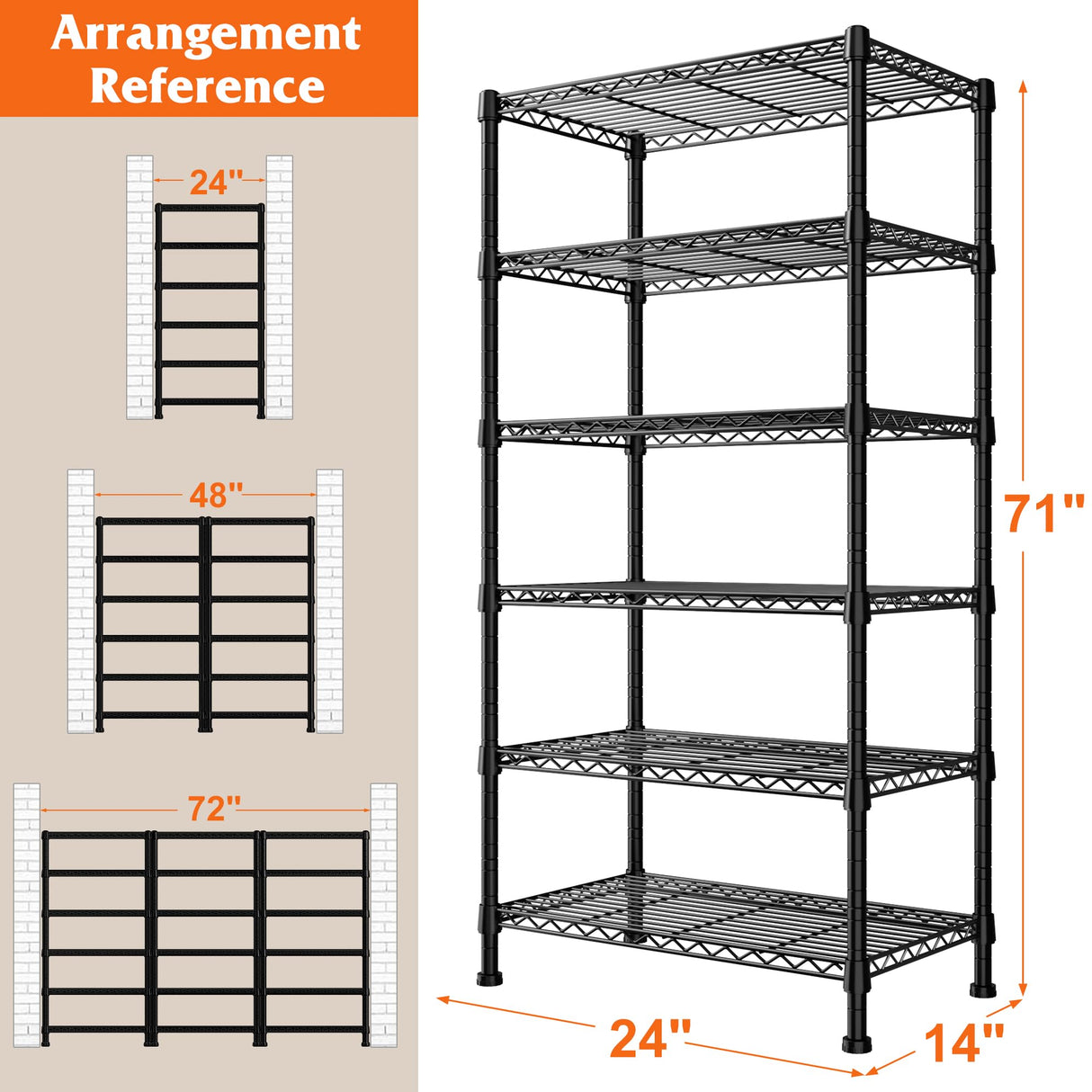 REIBII 6-tire Wire Shelving Rack,Storage Shelves Metal Shelves for Storage Load 1000 LBS,Heavy Duty Shelving Unit with Wire Shelf Adjustable Pantry REIBII