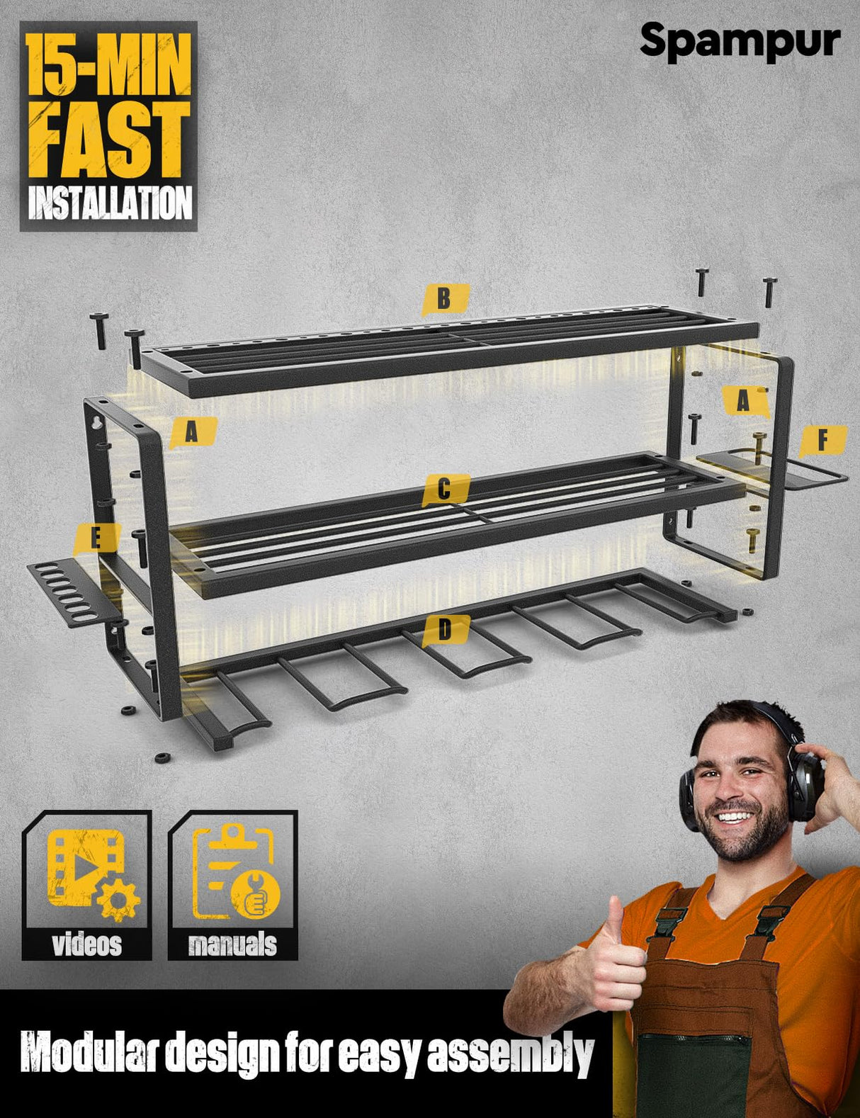 Spampur Power Tool Organizer with Charging Station, 4 Drill Holder Wall Mount, Garage Storage Rack for Handheld, Metal Tool Shelf Utility Rack for Spampur