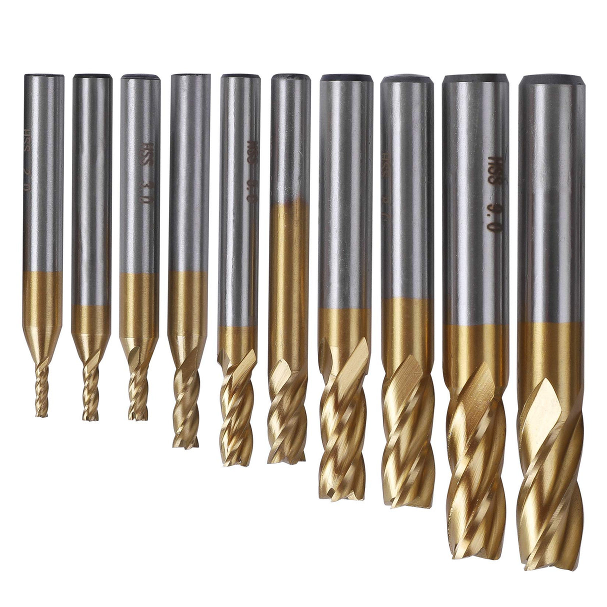 TOPPROS Pack of 10 4-Flute Titanium Coat End Mill Bits, 5/64" - 3/8" HSS CNC Straight Shank Drill Bits Cutter Tool Set for Wood Aluminum Steel TOPPROS