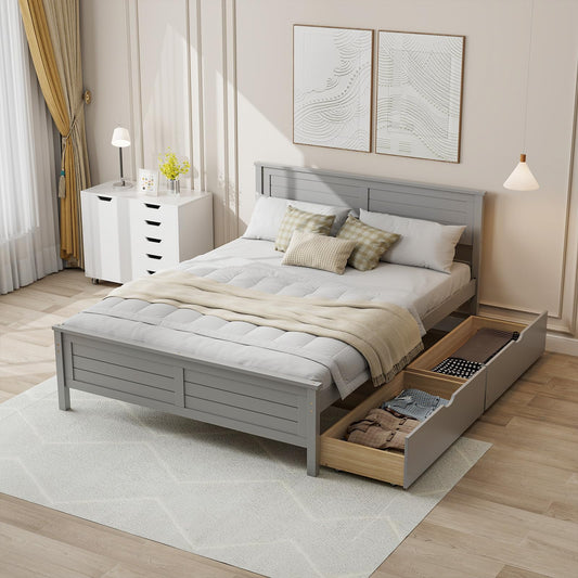 Giantex Grey Solid Wood Full Size Bed Frame with 2 Convenient Storage Drawers - WoodArtSupply