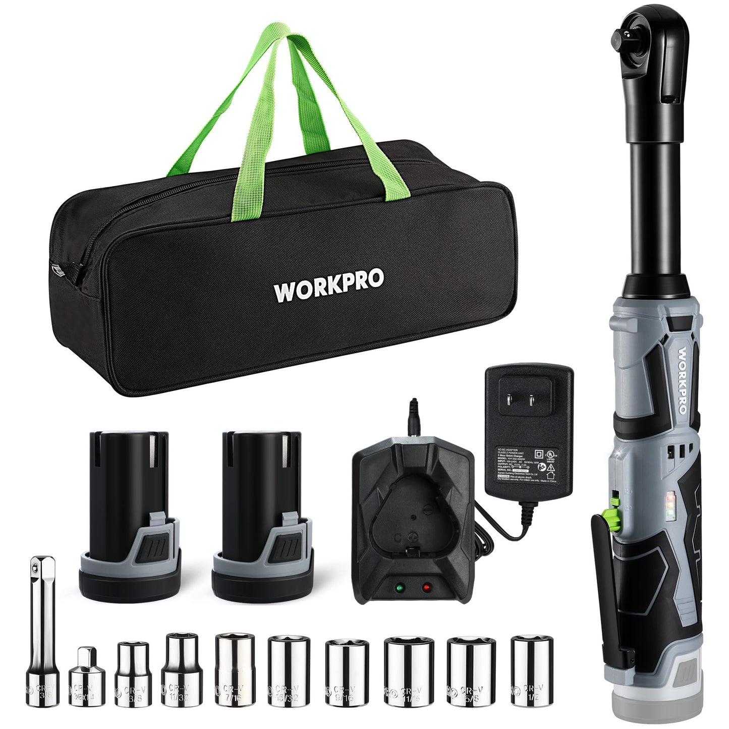 WORKPRO 12V 40 Ft-lbs Power Ratchet Wrench Kit with 10-Piece Socket Accessory Set, 1-Hour Fast Charger, 2.0Ah Lithium-Ion Batteries