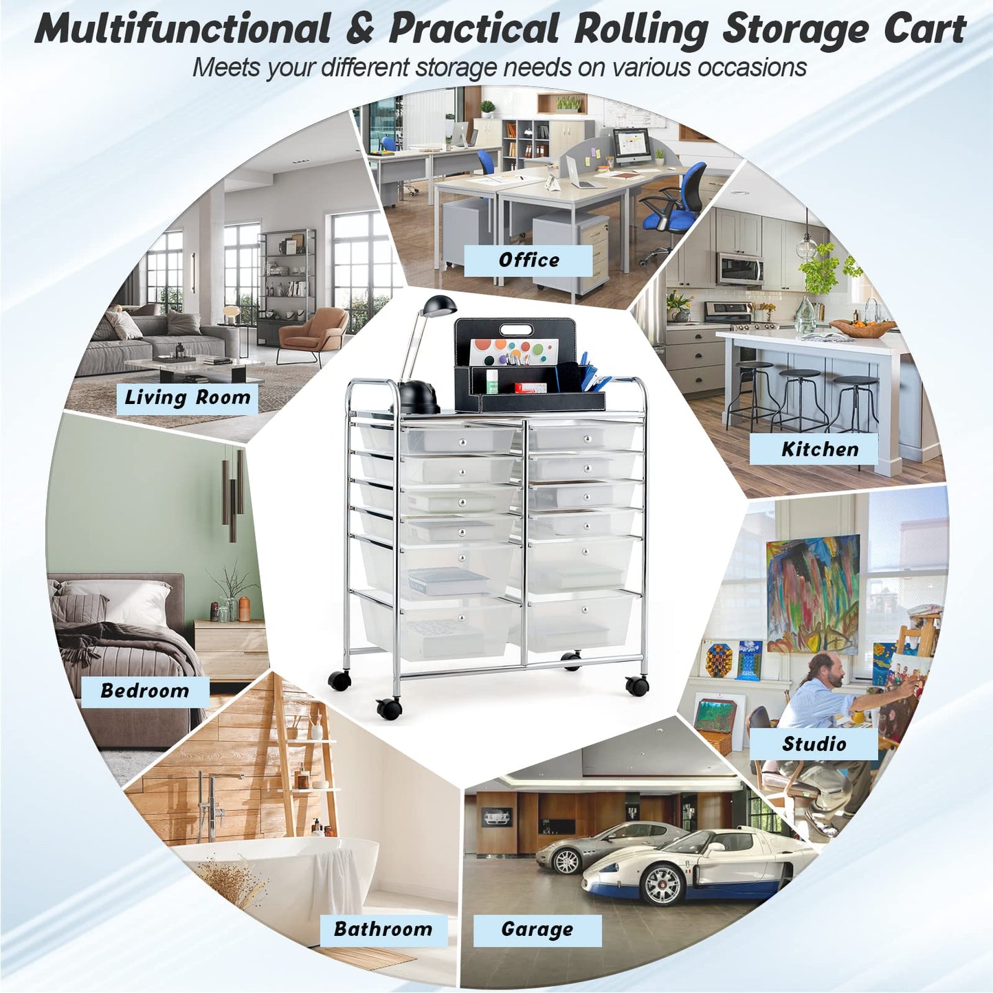 COSTWAY 12-Drawer Rolling Storage Cart, Moveable Art Craft Organizer W/Lockable Wheels, Metal Shelf, Files Arrangement Tools Makeup Storage Cart for - WoodArtSupply