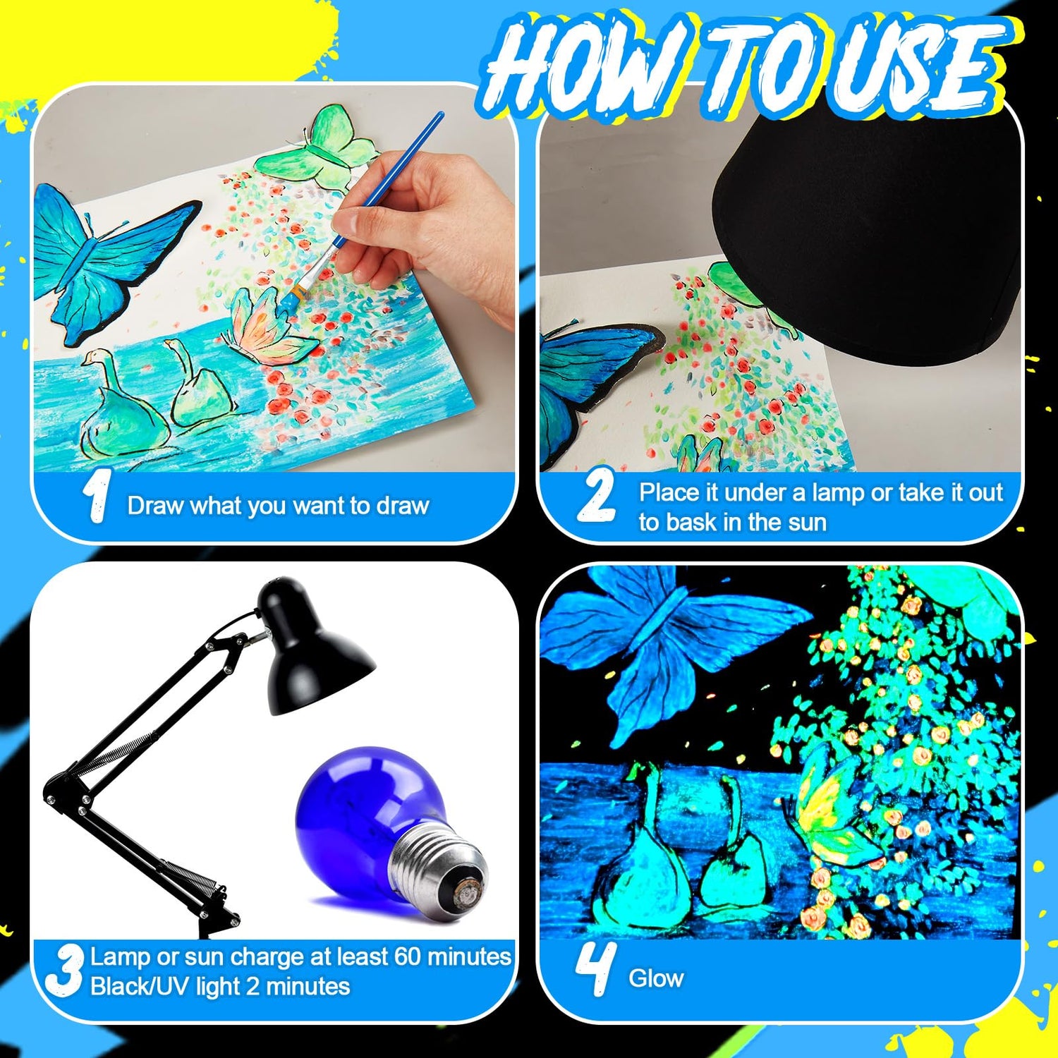 Fulmoon 6 Set Glow in The Dark Paint with Paint Brushes Black Light Neon Face Body Paint UV Acrylic Paint Set for Kids Halloween Christmas Painting Fulmoon