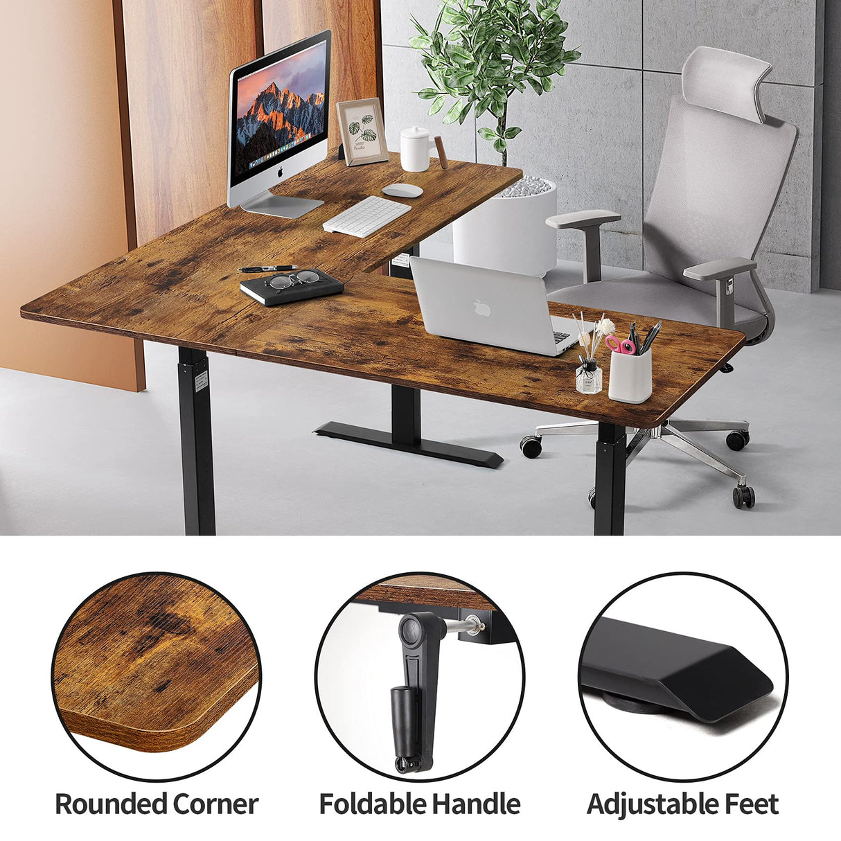 UNICOO – L Shaped Crank Height Adjustable Standing Desk, Sit to Stand up Corner Desk, L-Shaped Standing Workstation (Black Frame/Rustic Brown Top- L UNICOO